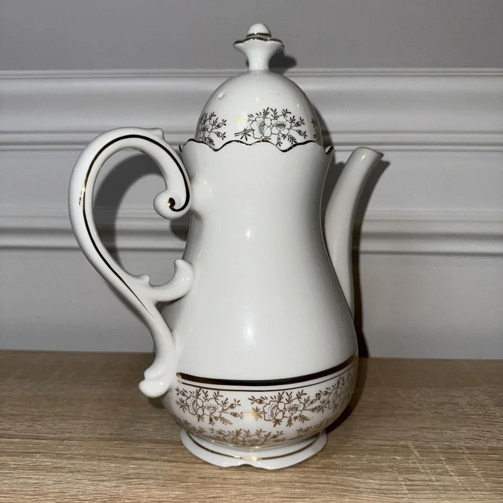 VTG 25Th Anniversary Tea Coffee Pot‎ AB-190 Norcrest Chatillon White Gold Japan